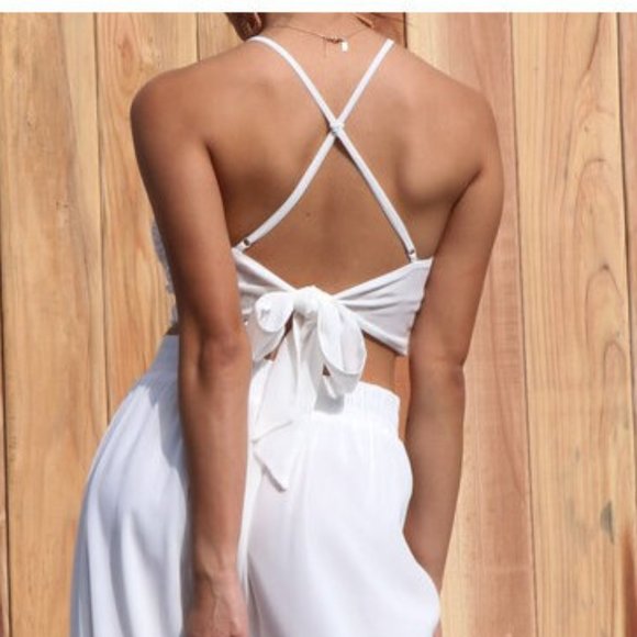 Boho White Crochet Lace Strappy Back Top Wide Leg Pants Set 2 Piece Outfit - Picture 6 of 6